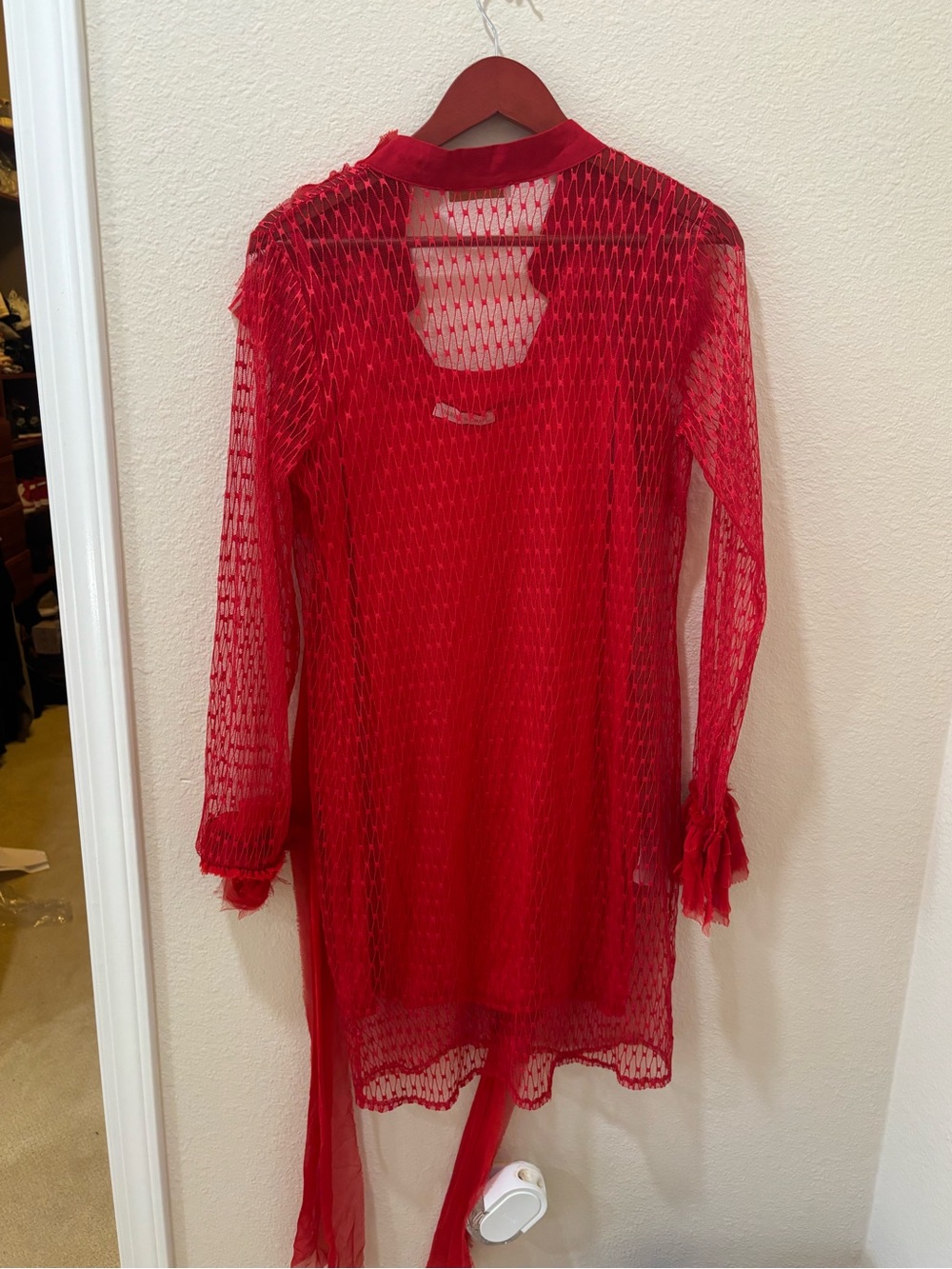 Red Ruffled Sheer Button-Front Tunic - Picture 2 of 4
